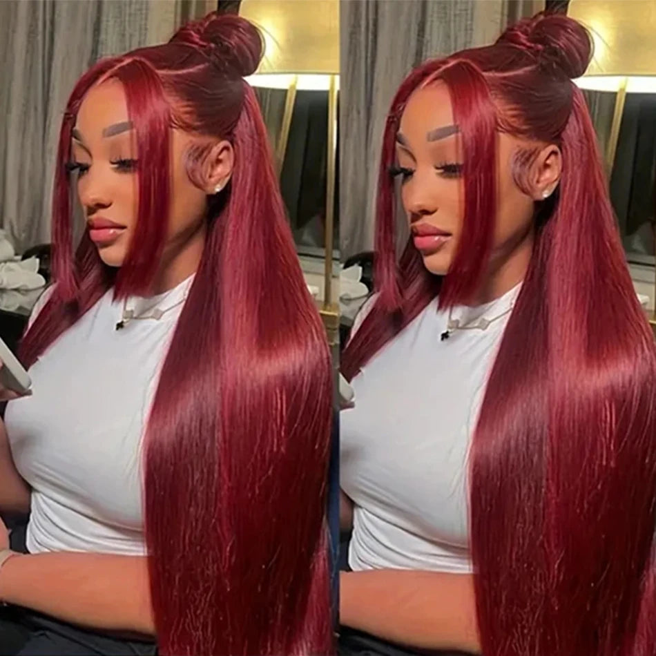 HD 99J Burgundy, 13x6 Lace Front Wigs Human Hair Red Colored Brazilian