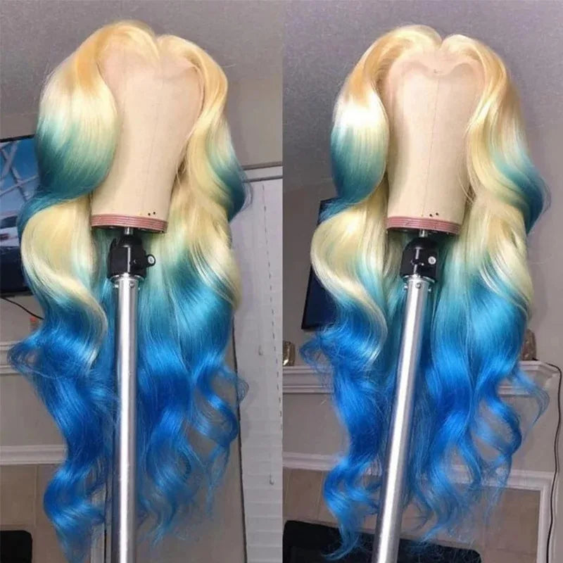 180% Density Brown Roots Ash Blonde Body Wave Lace Frontal Wig, 13x4, Ombre, Synthetic Blend