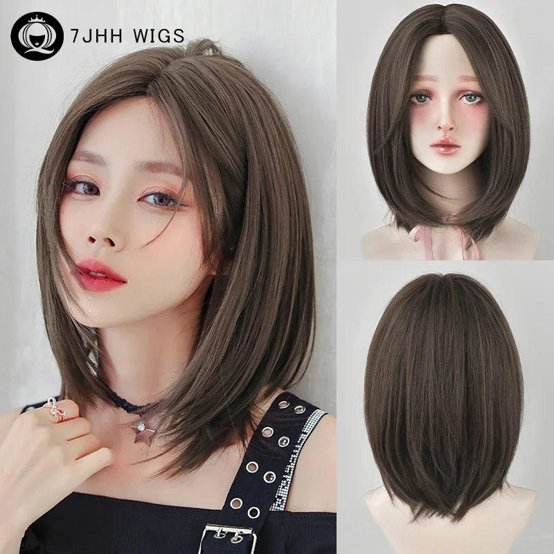 Wigs Short Straight Chocolate Bob Density Synthetic Layered Middle Part Dark Brown