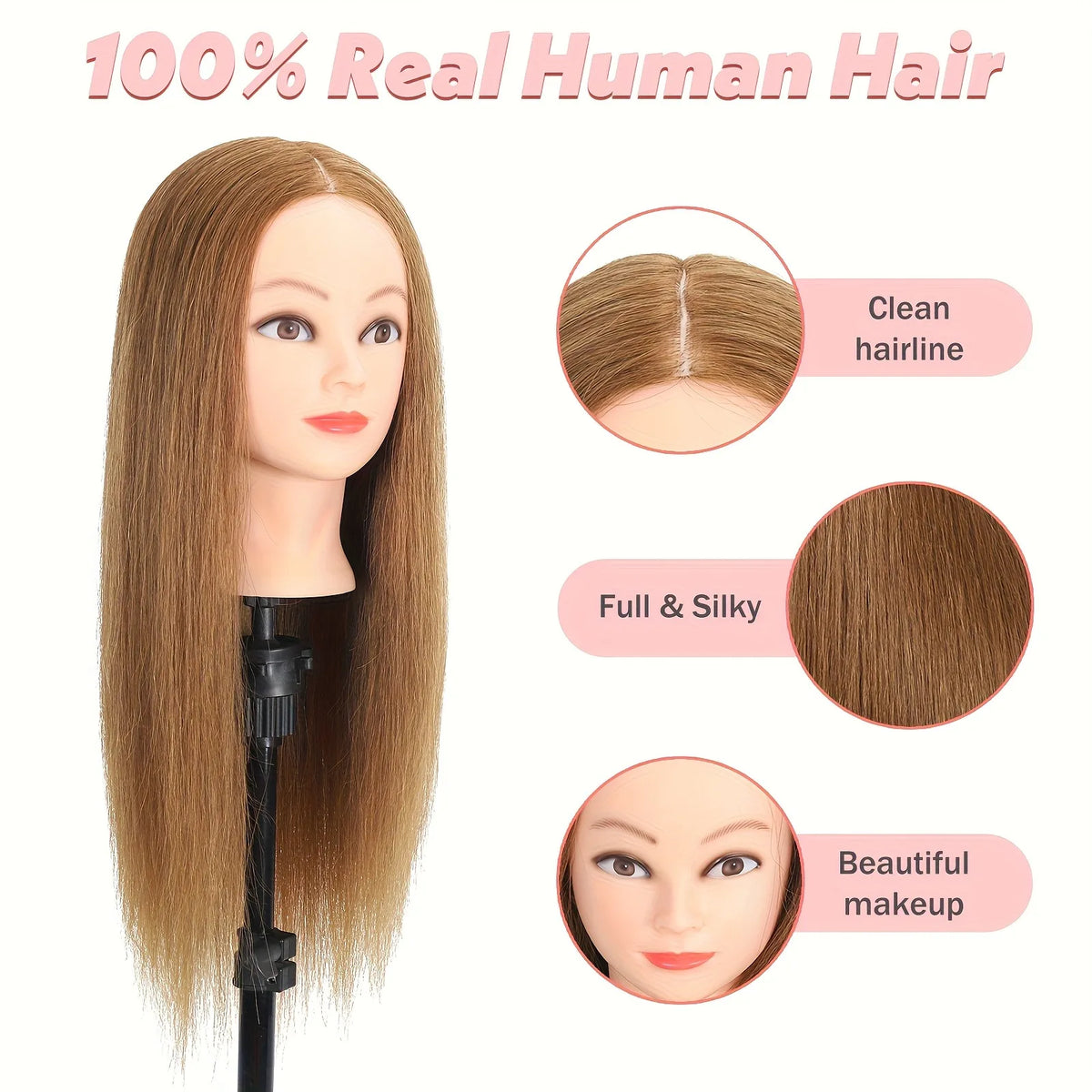 Human Hair Mannequin Head, 100% Real Perfect Hairdresser Practical Teaching Training Doll