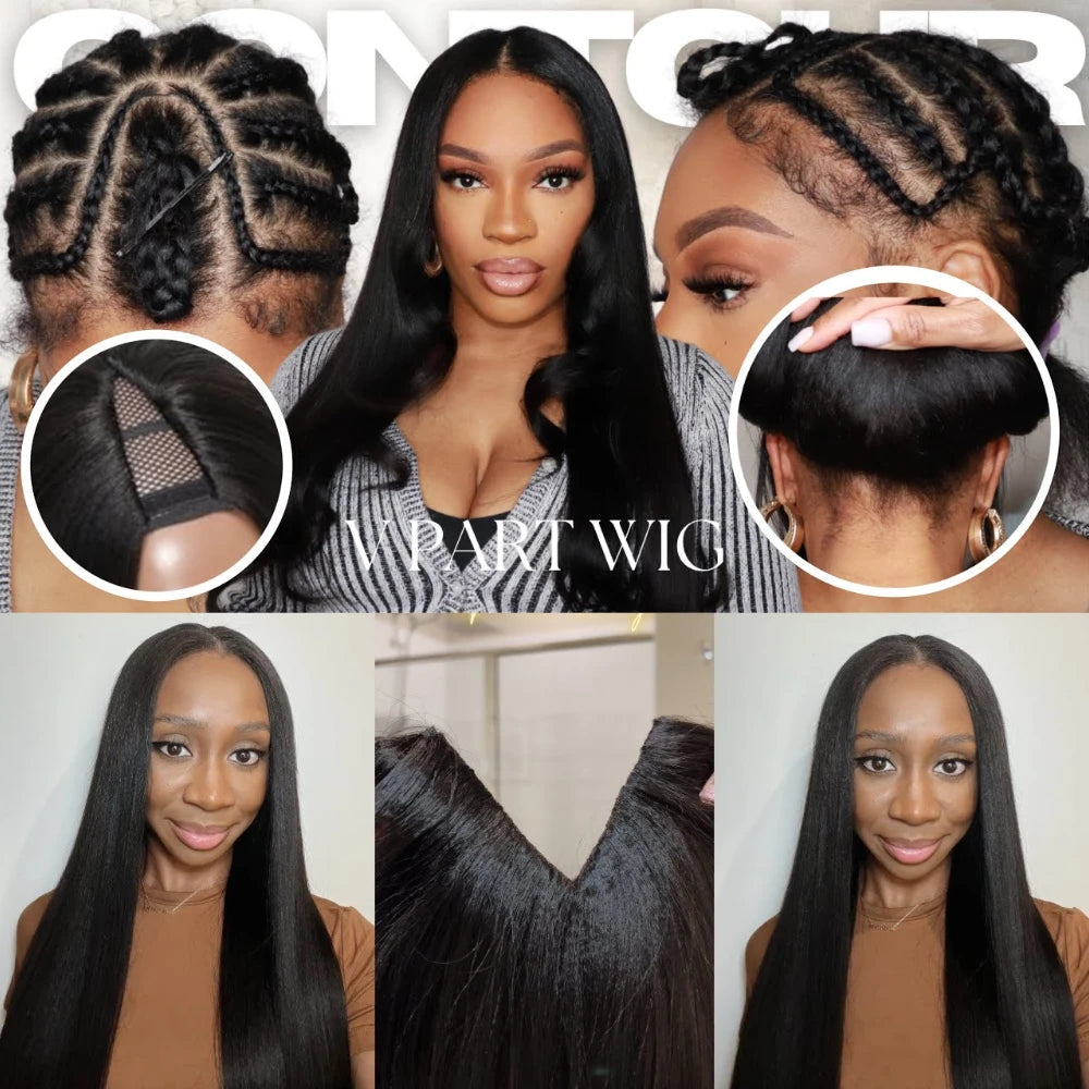 Yaki Straight V Part Wig 100% Human Hair Wigs With Drawstring No Leave-out No Glue Beginner Friendly Yaki V Shape Wigs