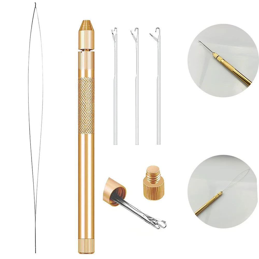 Hair Extension Tools Kit Knitting Hook Needles Loop Threader Aluminum Ventilating Holder