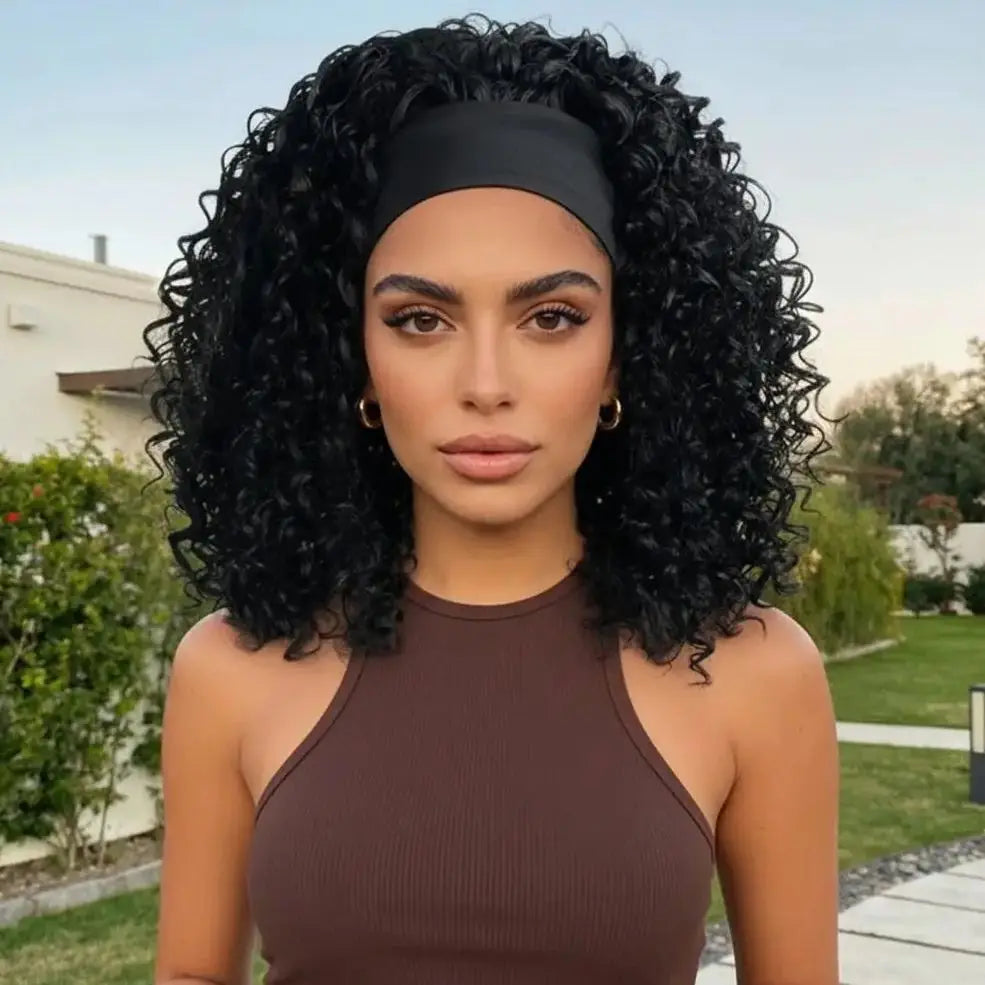 14 Inch Short Straight Headband Synthetic Natural Curly Black Wig, Suitable 's Daily Party Use with Heat-Resistan