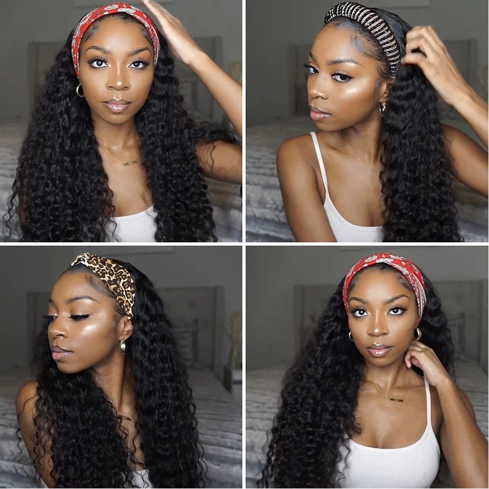 Deep Wave Headband Wigs Human Hair Pull Go Glueless Half Full Machine