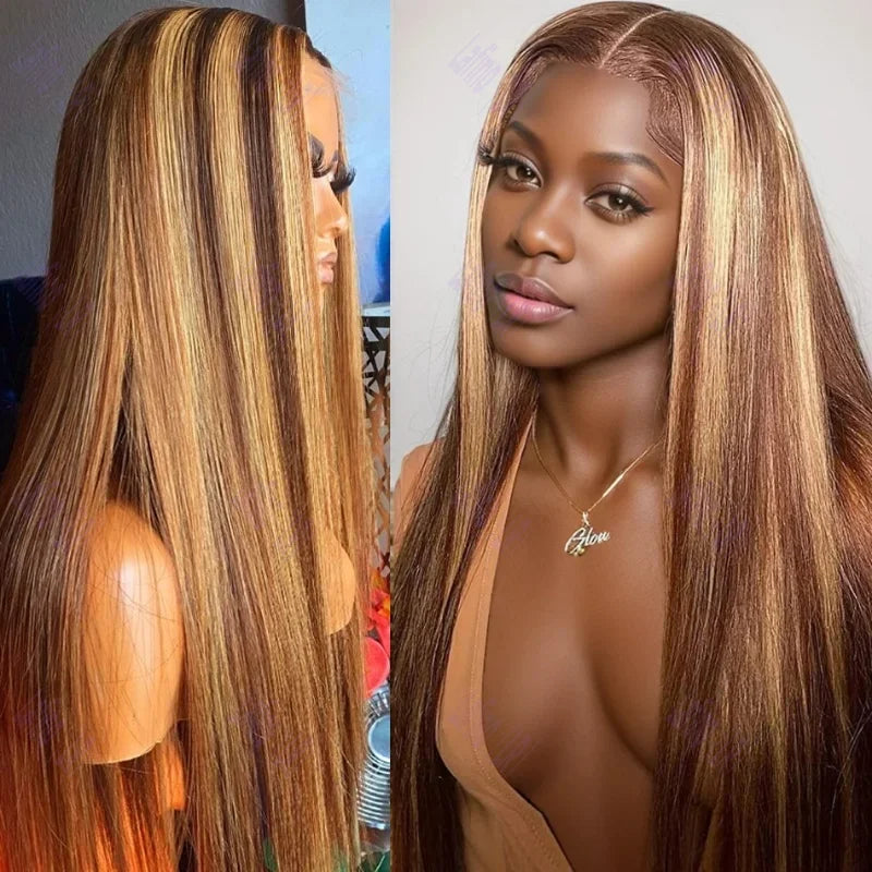 Honey Blonde Highlight Ombre 4/27 Human Hair Wigs HD Transparent Brown Colored