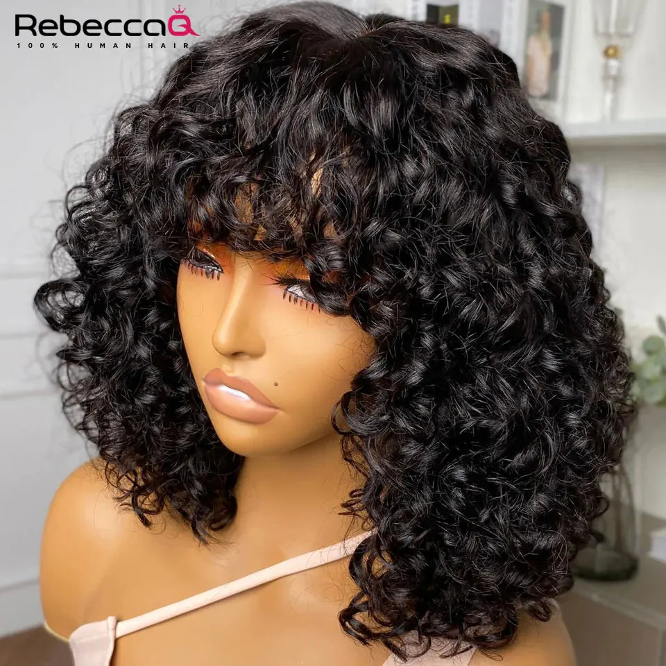Jerry Curly Human Hair Wigs Bangs Full Machine Made Highlight Honey Blonde