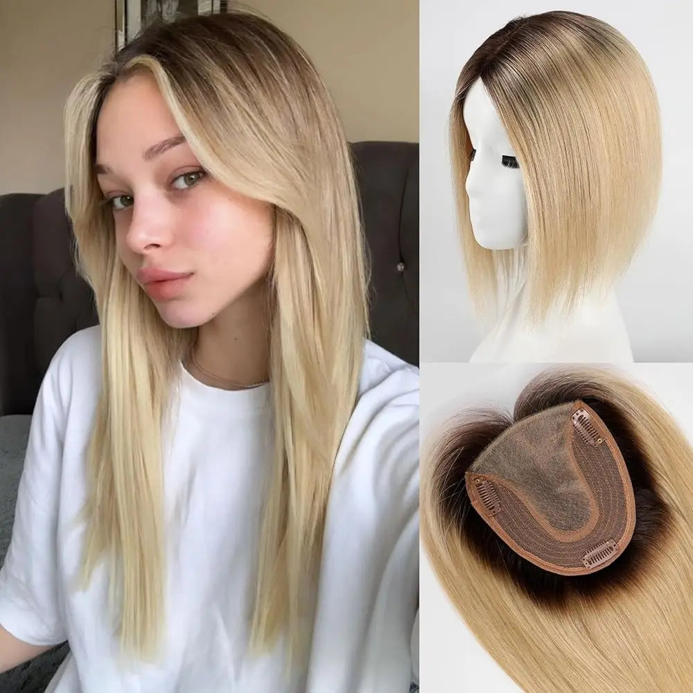 Straight Real Human Hair Topper No Bangs 5"*5.5" Base Brown Blonde Highlights