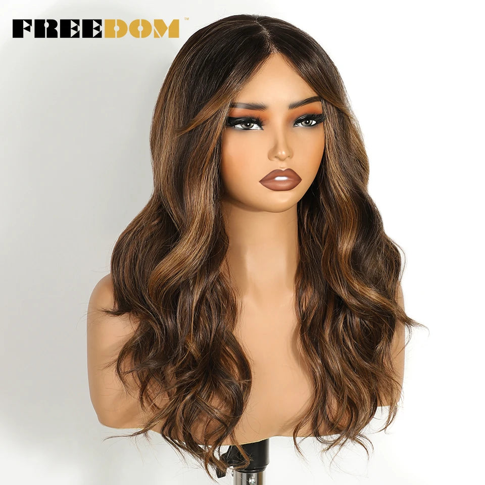 Synthetic Lace Front Wigs 20" Ombre Brown Body Wave, 6x4 Bangs Heat