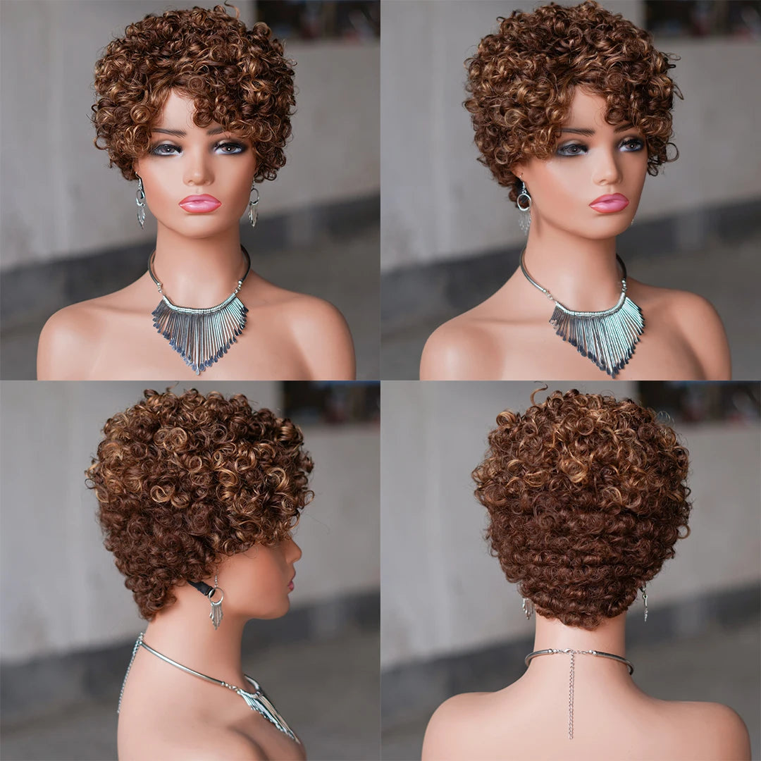 99J Red Rose Curly Short Bob Pixie Cut Human Hair Wig Ombre