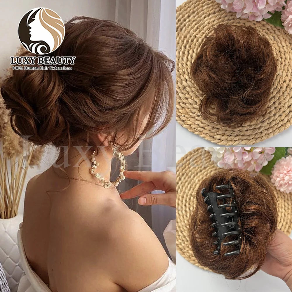 Brown Curly Claw Clip Messy Bun Ponytail Human Hair Extensions Black Blonde