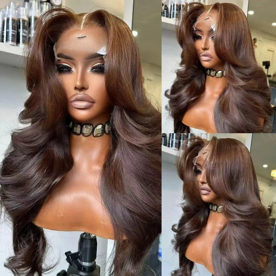 Chocolate Brown 13x6 Human Hair Wigs HD Lace Frontal Colored Transparent Body
