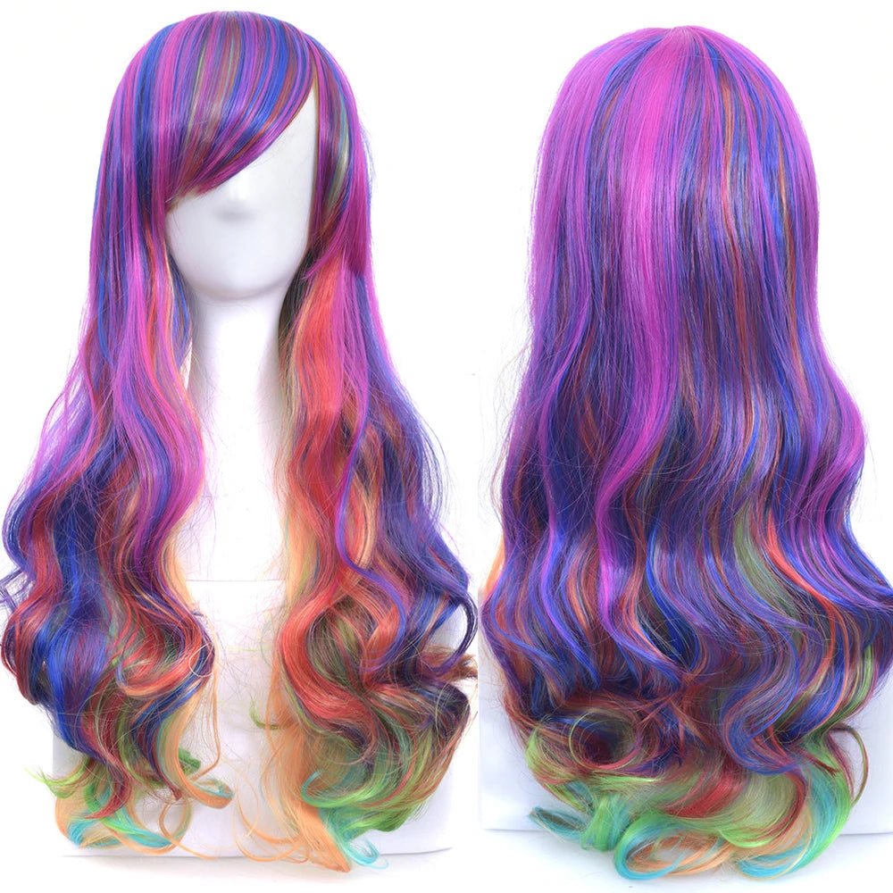 Synthetic Hair Ombre Rainbow Cosplay Wig with Bangs Red Yellow Purple Green Blue Wigs