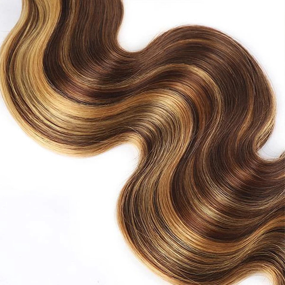 P4/27 Highlight Human Hair Bundles, 4x4 Body Wave Lace Closure Brazilian Remy
