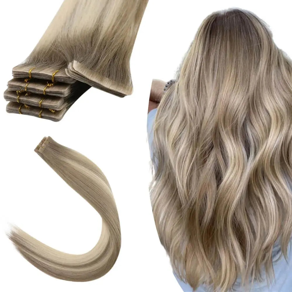 [12 Months] Invisible Seamless Injection Tape Hair Extensions Virgin Whitest Blonde 10A