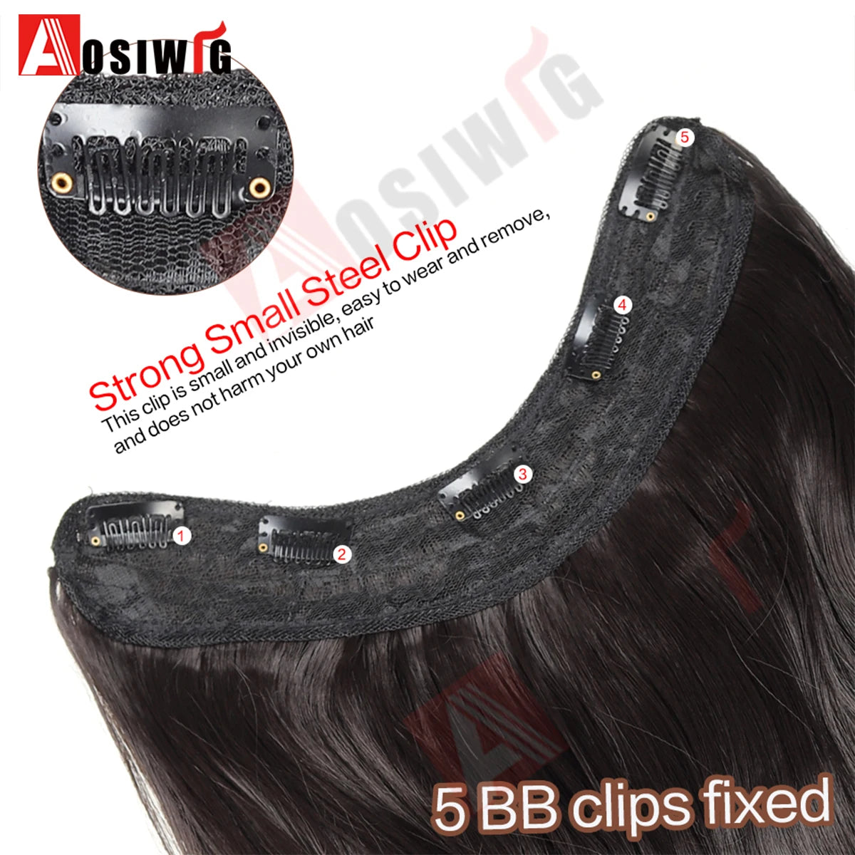 20Inch Synthetic Long Wavy Curly 5 Clip in Hair Extension Fashion Invisible V-shaped Heat Resistant Black Hairpiece