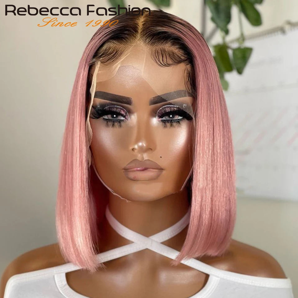 Short Cut Colored Pink Bob T Part Lace Wigs Human Hair 180D