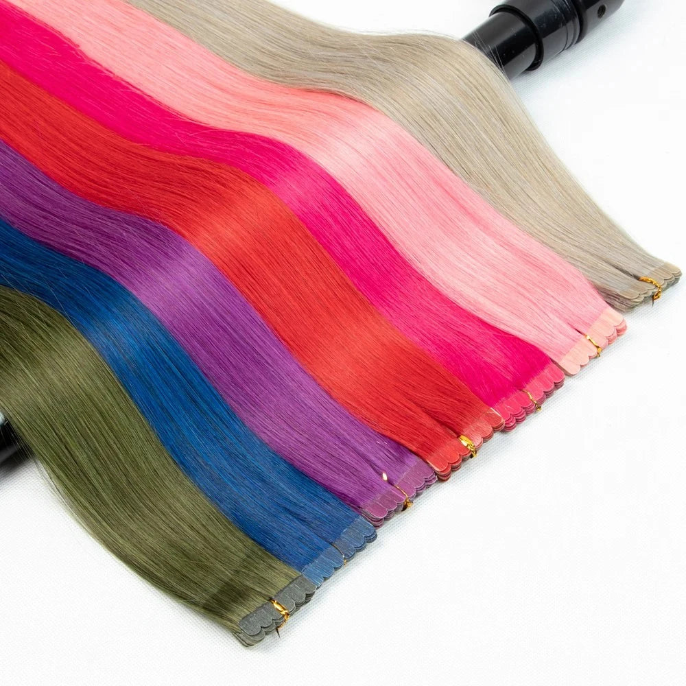Synthetic Tape in Hair Extensions Straight Mini Ins Invisible Adhesive Colored