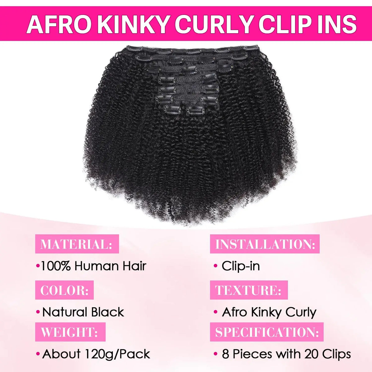 Afro Curly Clip-in Human Remy Hair Extensions 10-24 Kinky Textured, 100% 120g