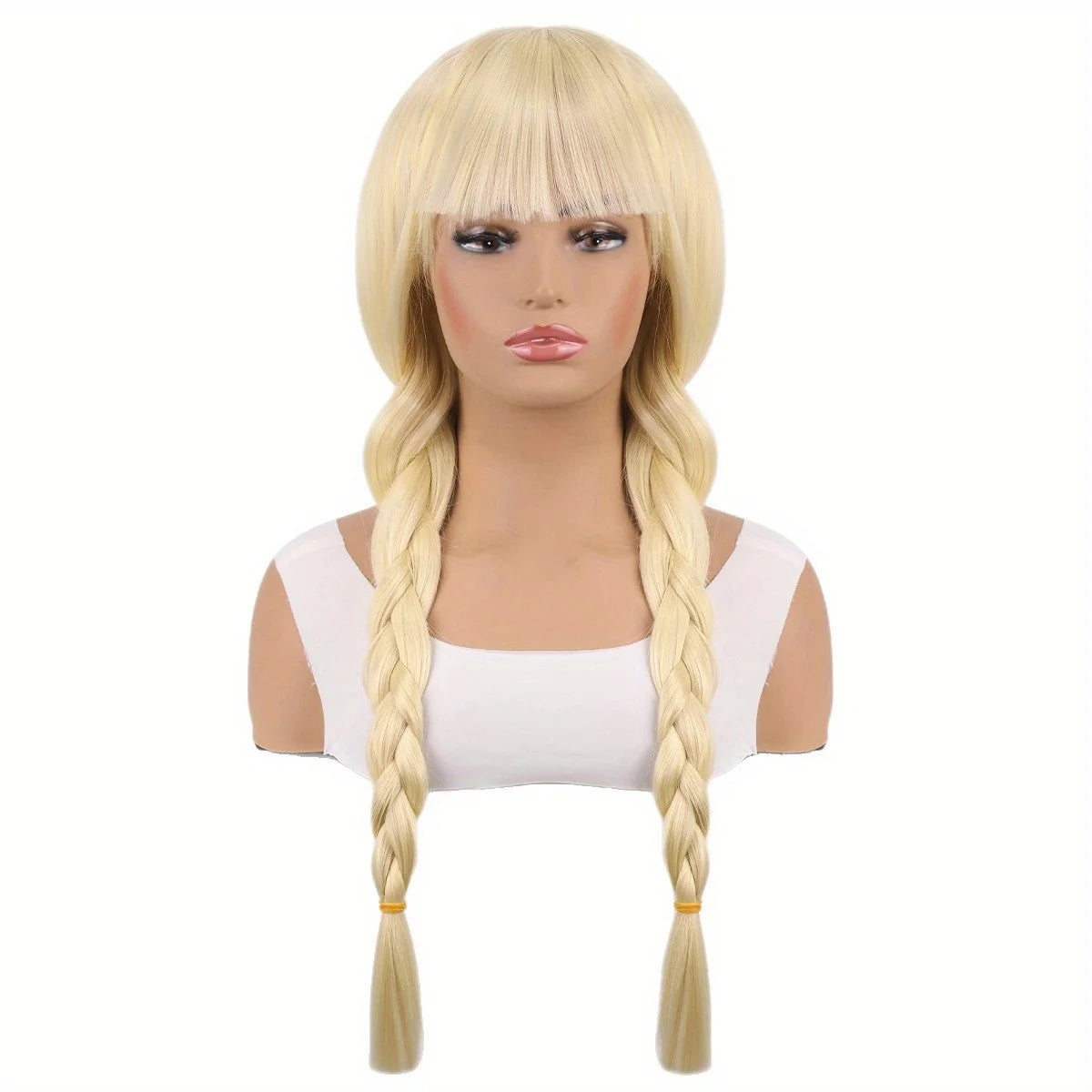 Platinum Pure Bangs Double Braids Synthetic Fiber Heat-Resistant Wig Elegant and Dignified Everyday Lolita Wig