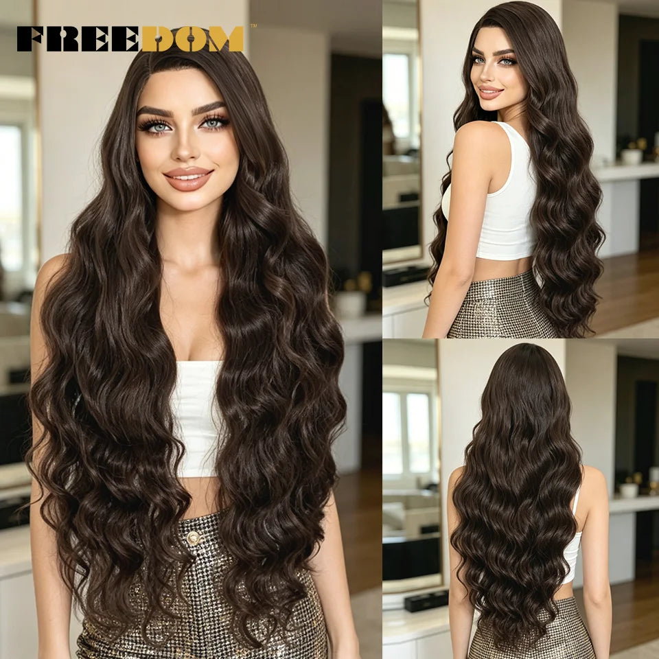 36" Long Wavy Synthetic Lace Front Wigs Ombre Brown Blonde Body Wave