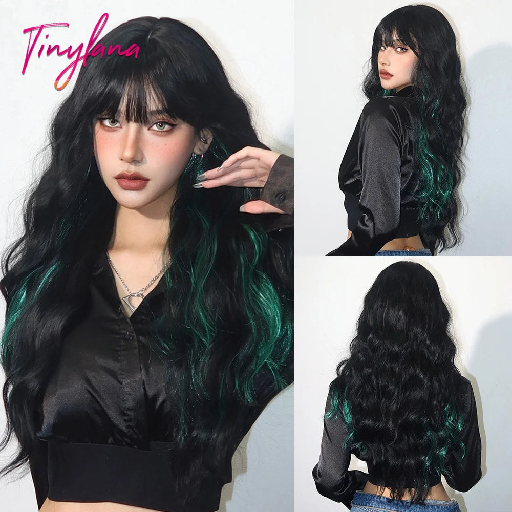 Super Long Black Wavy Synthetic Wigs Bangs Afro Dark Water Wave Halloween