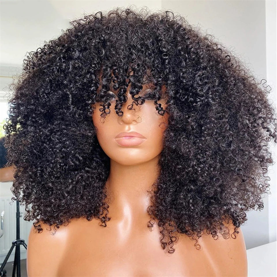 Afro Curly Human Hair Wigs Bangs, 250% Density Glueless Short Bob Fringe