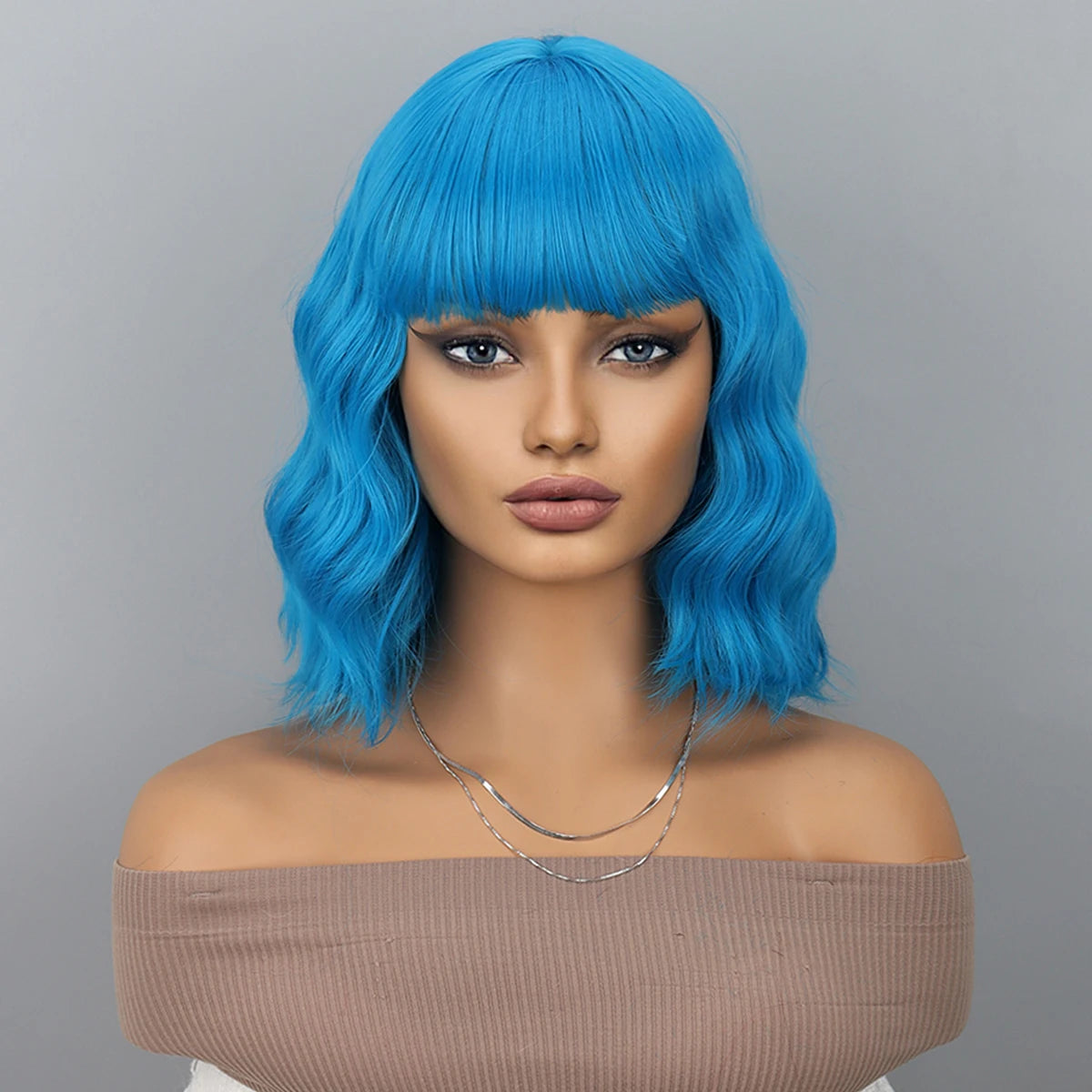 Blue Bob Wigs Bangs Short Colorful Wavy Curly Synthetic Cosplay Halloween Costume