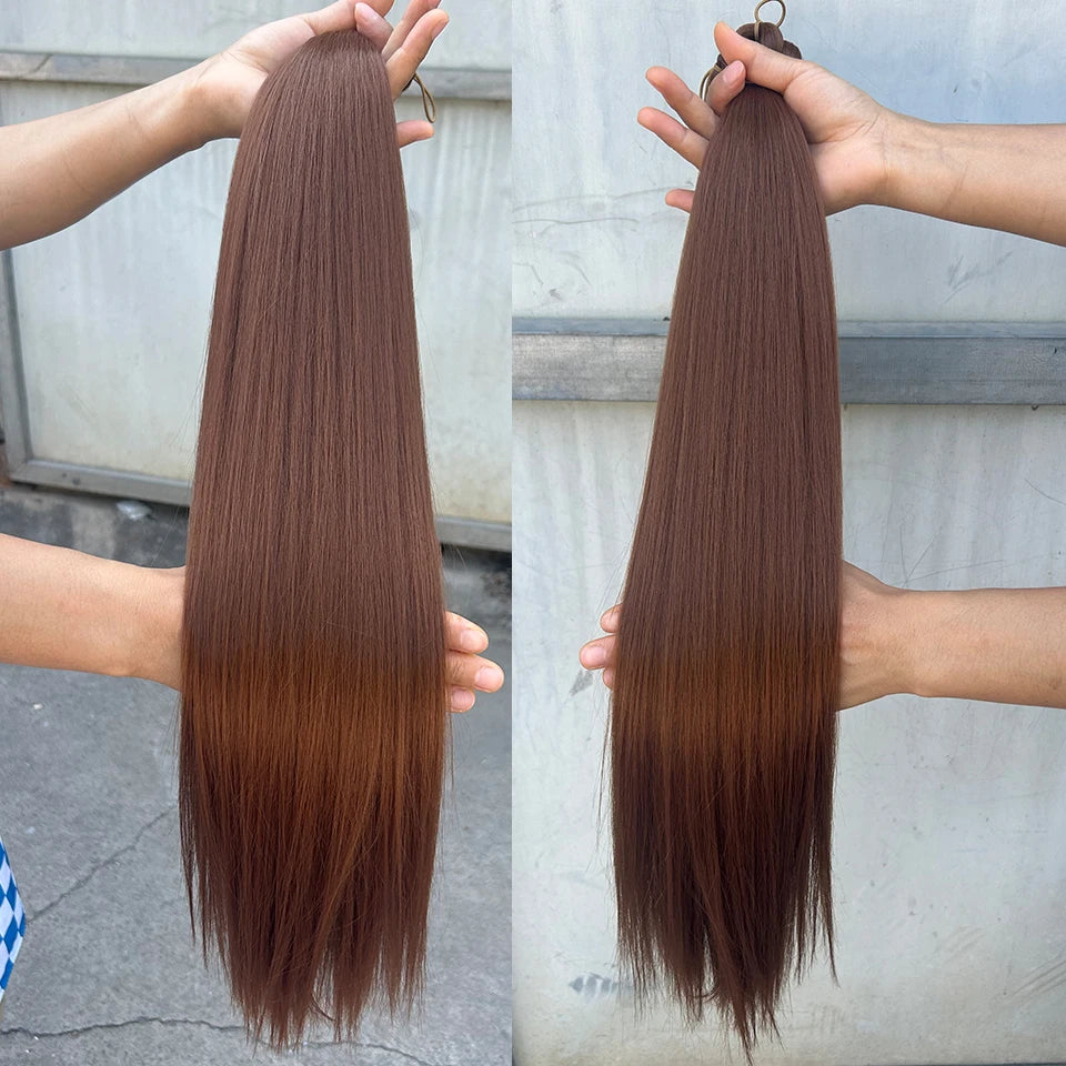 300G Straight Pony Hair Bundles Crochet Braids Synthetic Braiding Ombre Brown Soft