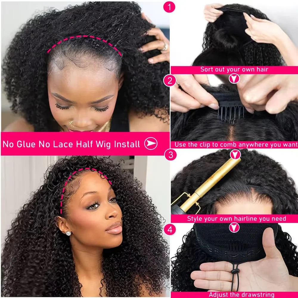 Density Afro Kink Curly Half Wig Human Hair Breathable Machine Made 3In1