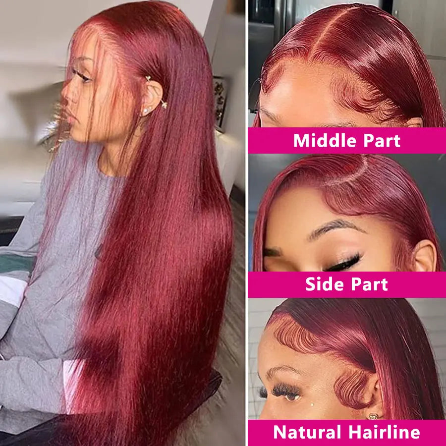 13x6 Peruvian Straight Hair HD Lace Front Wig Human 99J Burgundy Pre-plucked