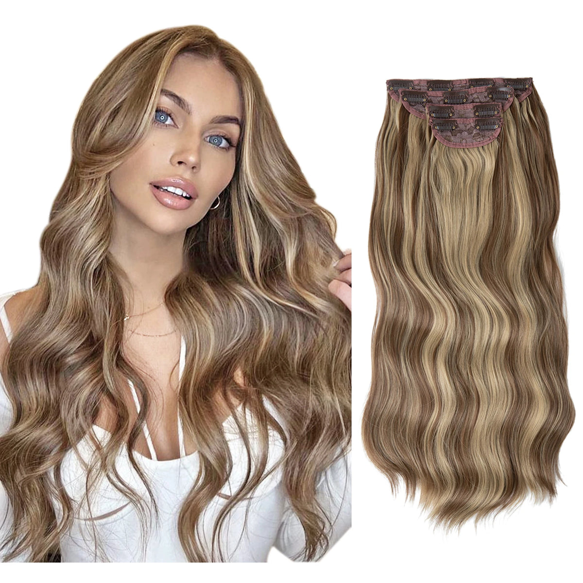 Synthetic Long Wavy Clip in Hair Extensions 22" Thick Hairpiece Brown Blonde