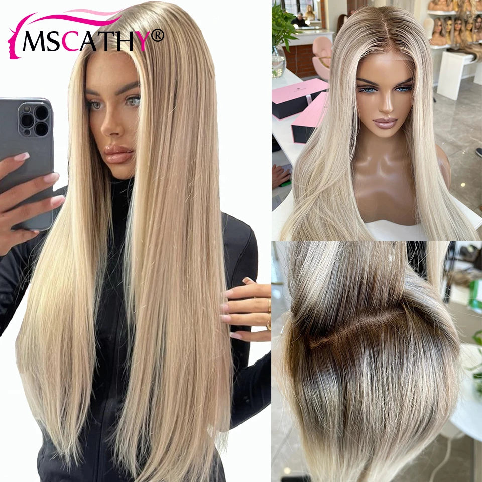 250% Glueless Ash Blonde Colored Ombre Human Hair Wigs, 13x4 Transparent Lace