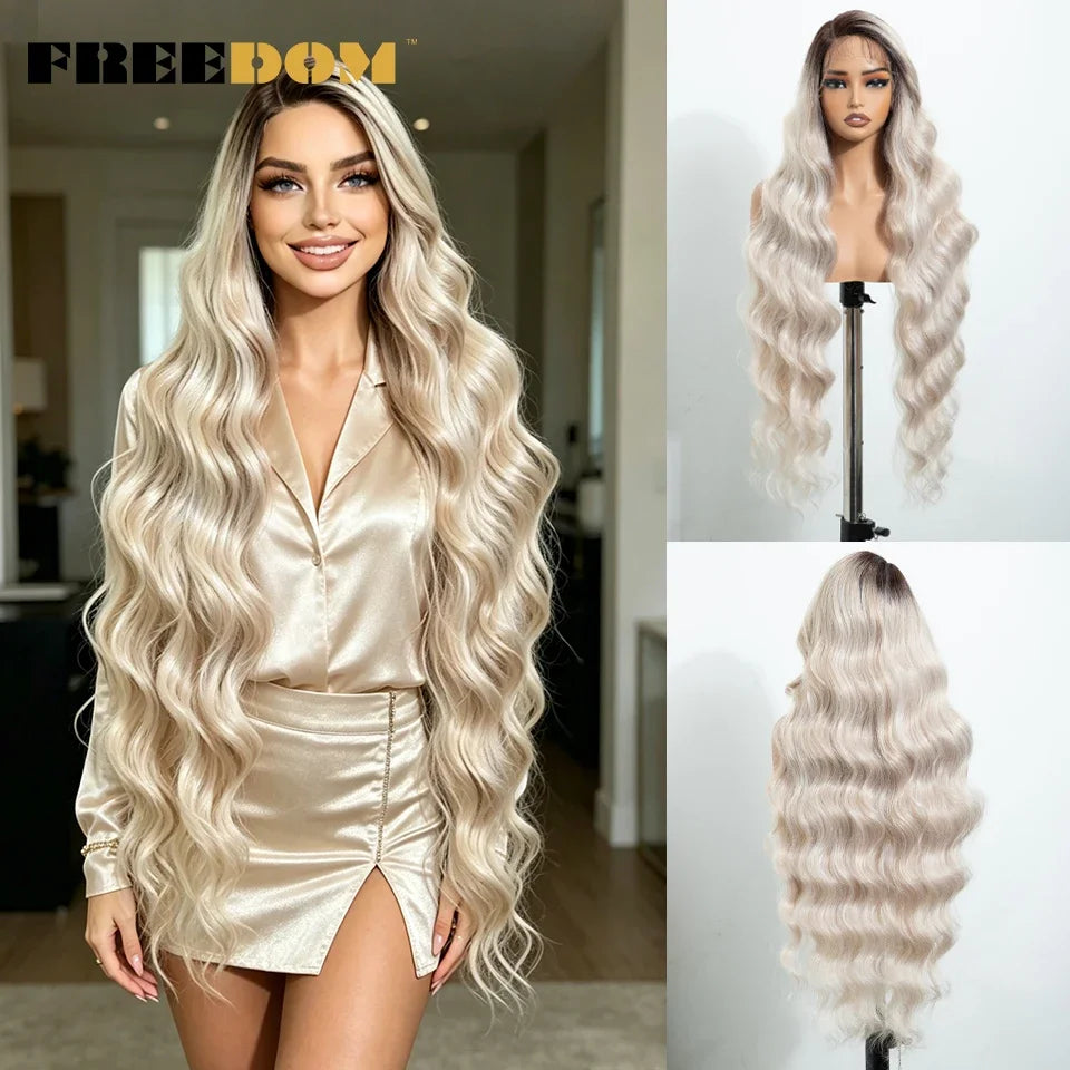 36" Long Wavy Synthetic Lace Front Wigs Ombre Brown Blonde Body Wave