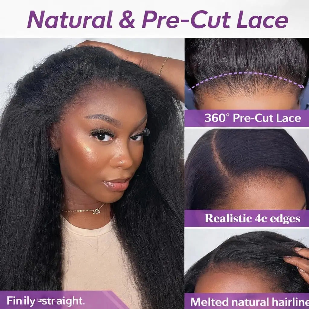 250% Density 360 Full Lace Glueless Wig, Kinky Straight Human Hair with Drawstring
