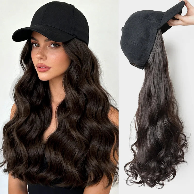 20Inch Synthetic Long Curly Hat Wig Baseball Cap Black Brown Hairpiece Adjustable Hat Wigs