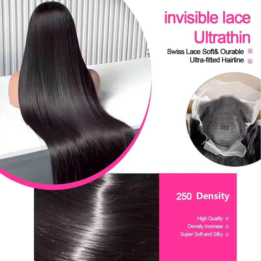 250 Density 13x4/13x6 HD Transparent Lace Front Wig, Brazilian Human Hair, Bone Straight