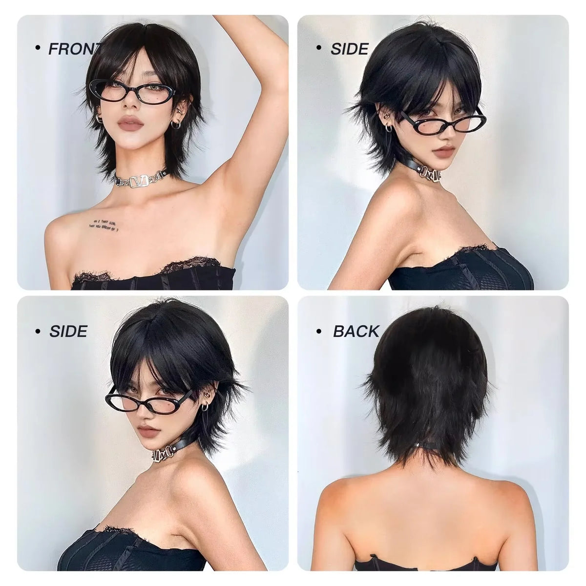 Short Salmon Head Wig Bangs Women's Straight Black Synthetic Party Elf Cut