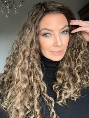 Frontal Lace Wigs, 100% Virgin Human Hair Brunette Brown Highlights Deep Curly