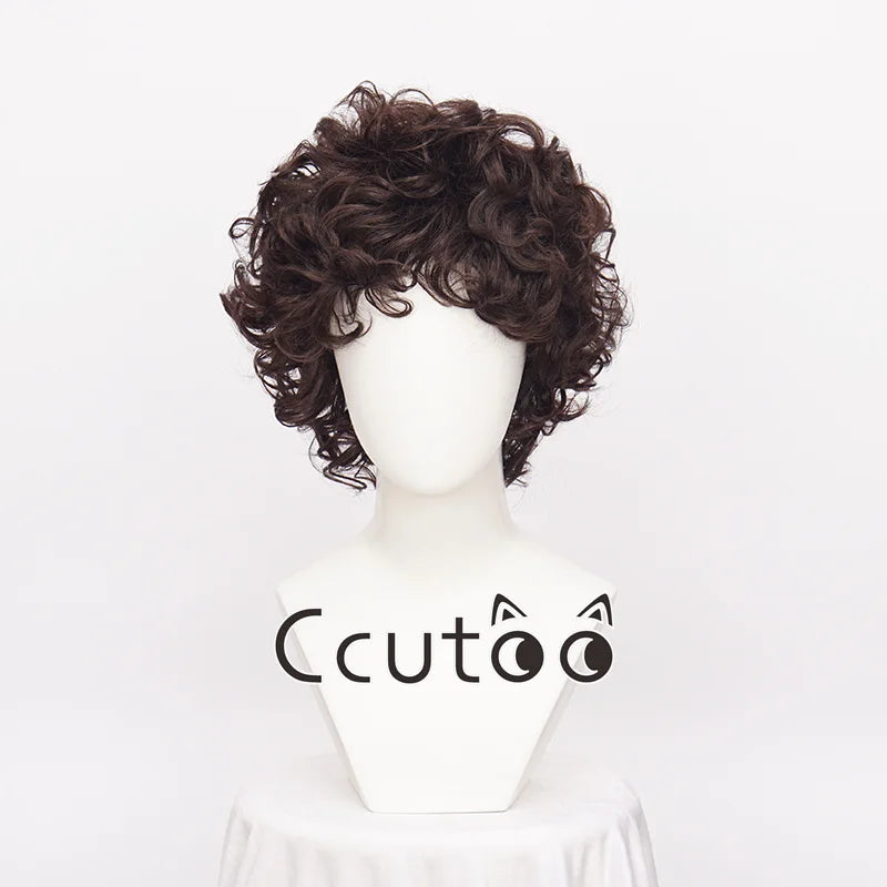 Short Dark Brown Curly Synthetic Cosplay Wig + Free Wig Cap