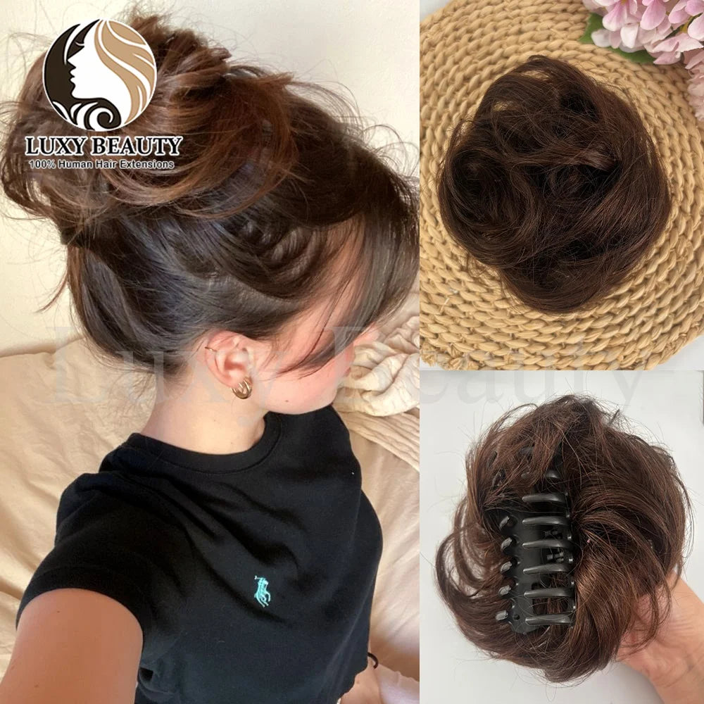 Brown Curly Claw Clip Messy Bun Ponytail Human Hair Extensions Black Blonde