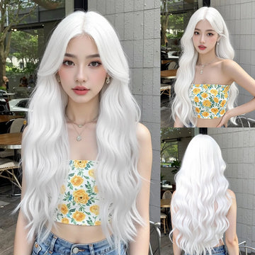 Super Long Curly Silver White Synthetic Wig Medium Part Water Wave Daily