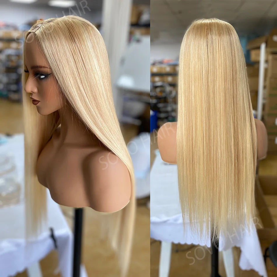 U-Part Human Hair Wig, 14-28 Inch, 150-180 Density, Remy Human Hair, 613 Blonde, Can Be Dyed and Heat Styled