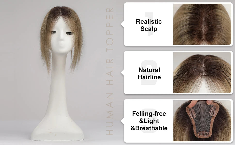 Light Brown Ombre Middle Part Lace Front Topper, 100% Remy Human Hair