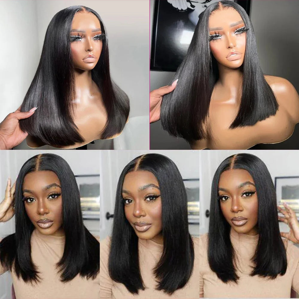 Straight Glueless Short Bob Wig Human Hair Ready To Wear Transparent Pre