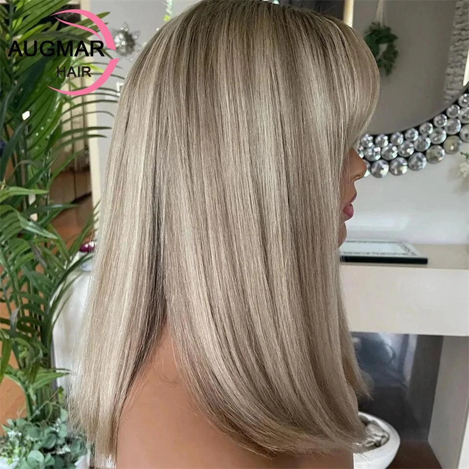 Ash Blonde Highlight Bob Human Hair Wig Bangs Density Short, 13x6 Lace