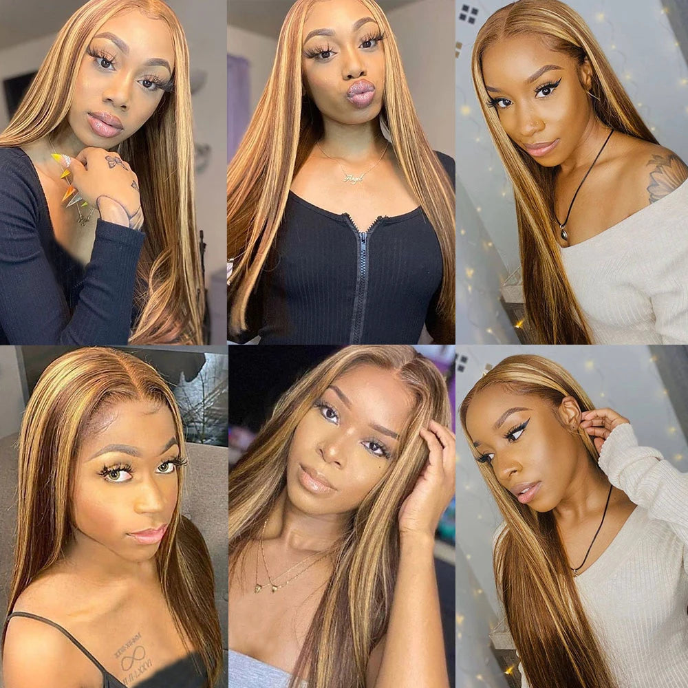 Brazilian Highlight Human Hair Lace Front Wig, Honey Blonde Straight, 13x4 13x6 HD Lace