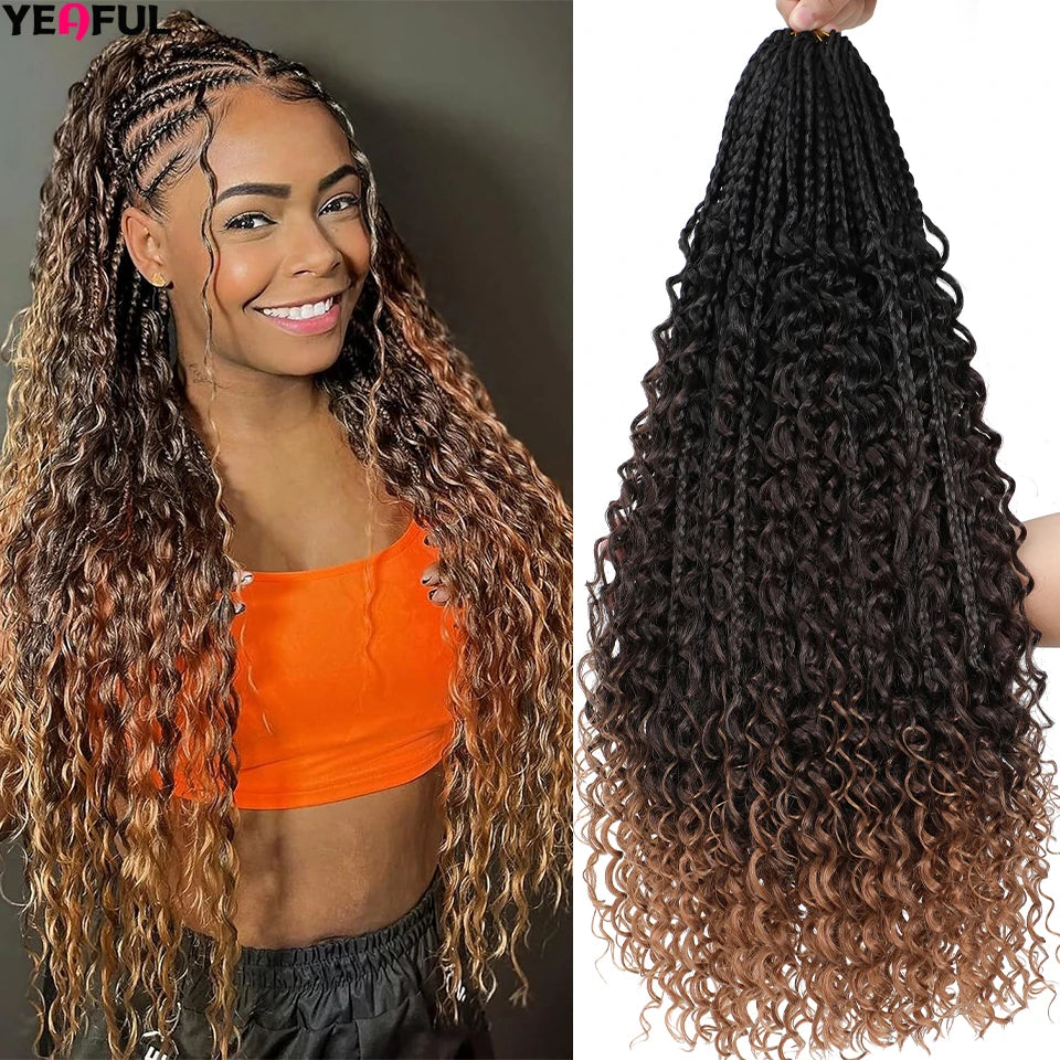Ombre Goddess Box Braids Crochet Hair Dark Brown Chocolate Ginger Bohemian Curly