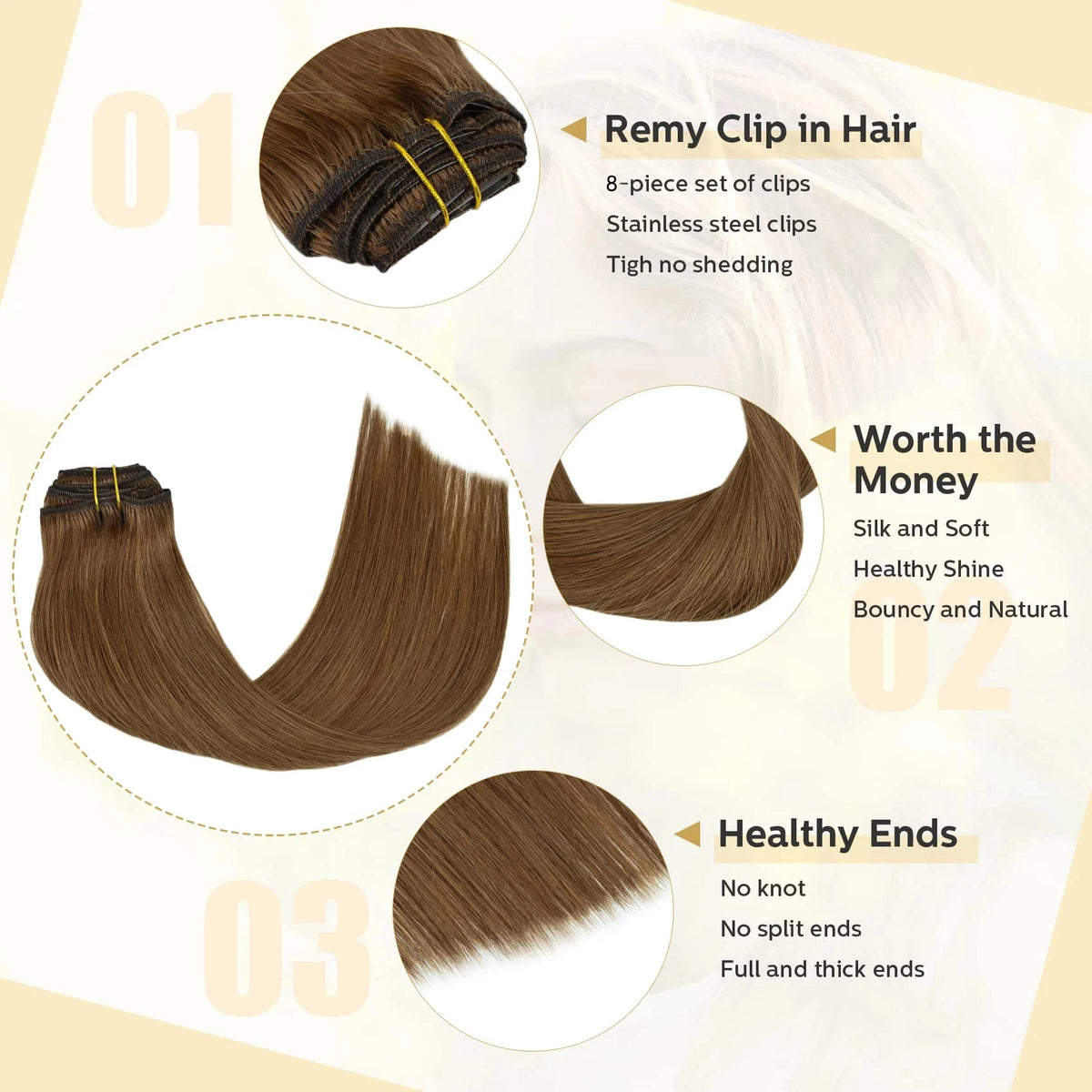 Clip in Hair Extensions Chestnut Brown Double Weft Thick 120G Silky Straight