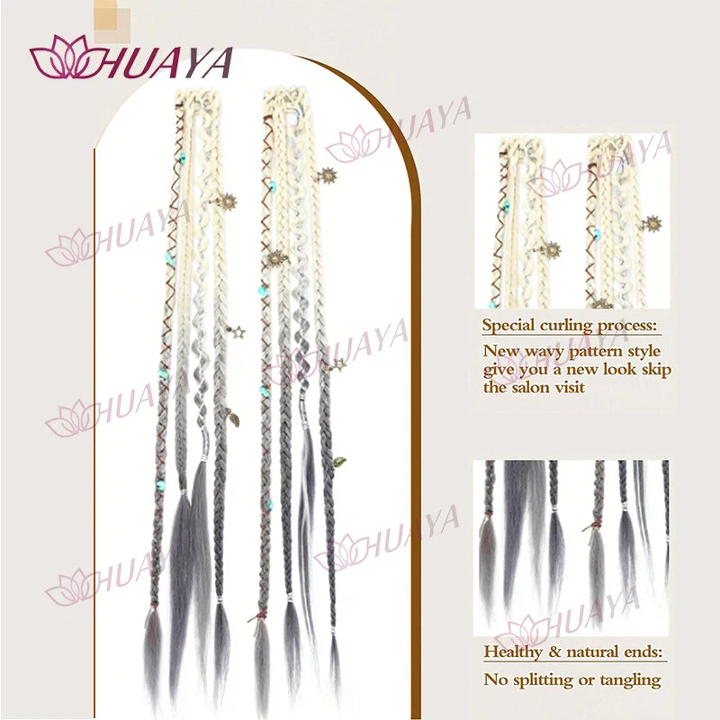 Hand-Braided Synthetic Fiber Water-Drop BB Clip-In Hair Extensions, 2 Pieces Per Set, 20-Inch Bohemian Beaded Braids, Versatile