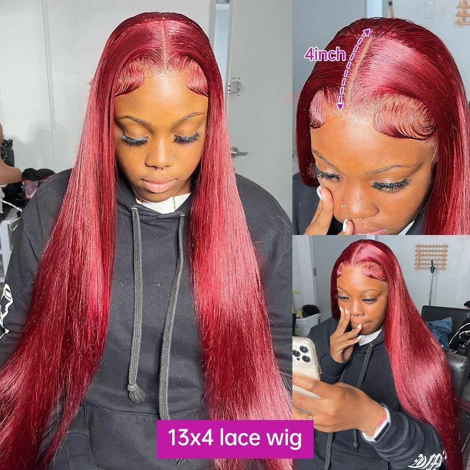 13x6 Peruvian Straight Hair HD Lace Front Wig Human 99J Burgundy Pre-plucked